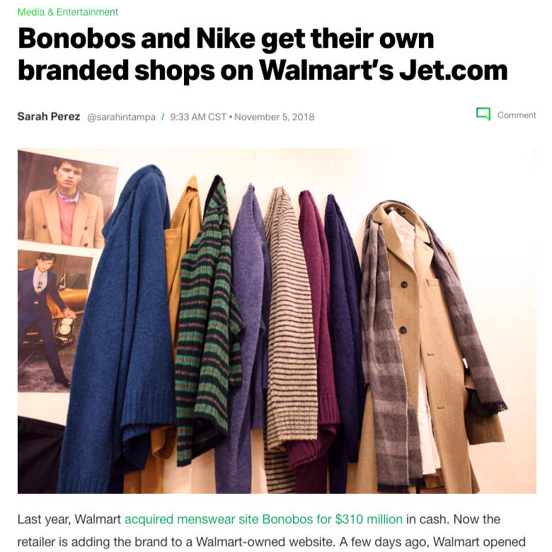 TechCrunch - Bonobos and Nike get their own branded shops on Walmart’s Jet.com