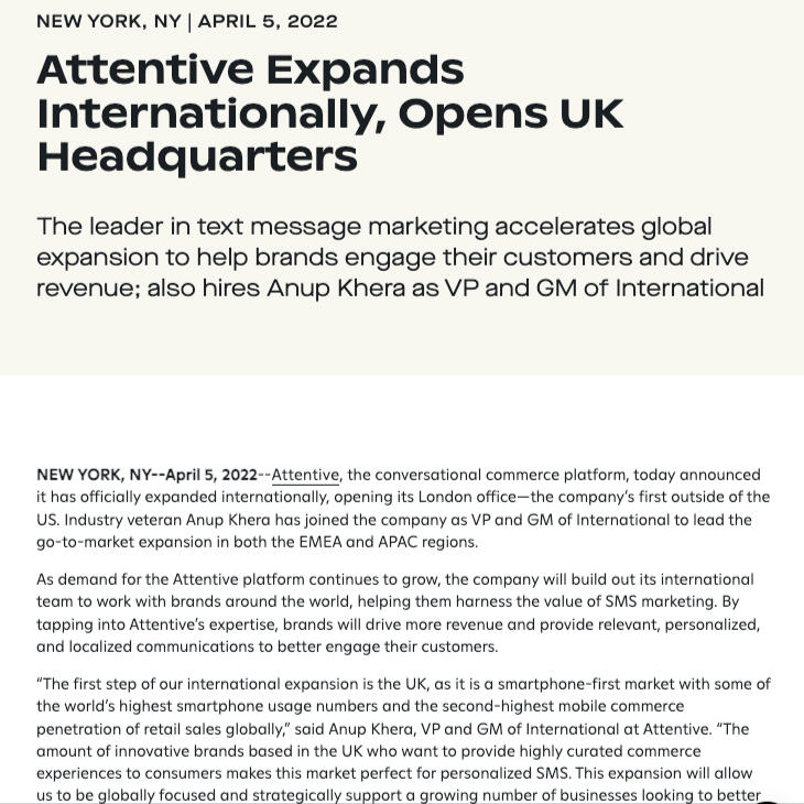 Attentive Expands Internationally, Opens UK Headquarters